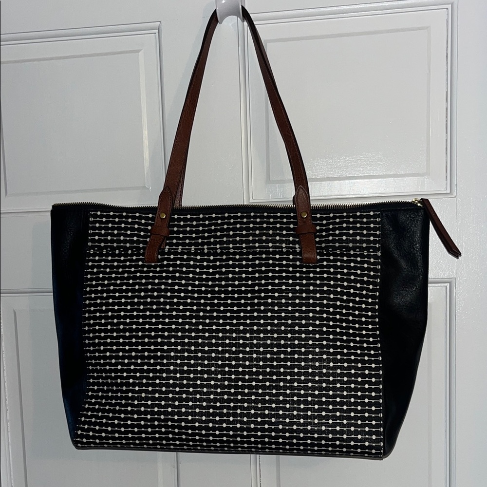 Fossil Rachel Black & White Patterned Tote with Brown Handles
